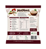 Back of a MakMunch Crunch of Goodness snack bag, showing product information, ingredients, nutritional facts, contact details, and a barcode on a white and dark red background.