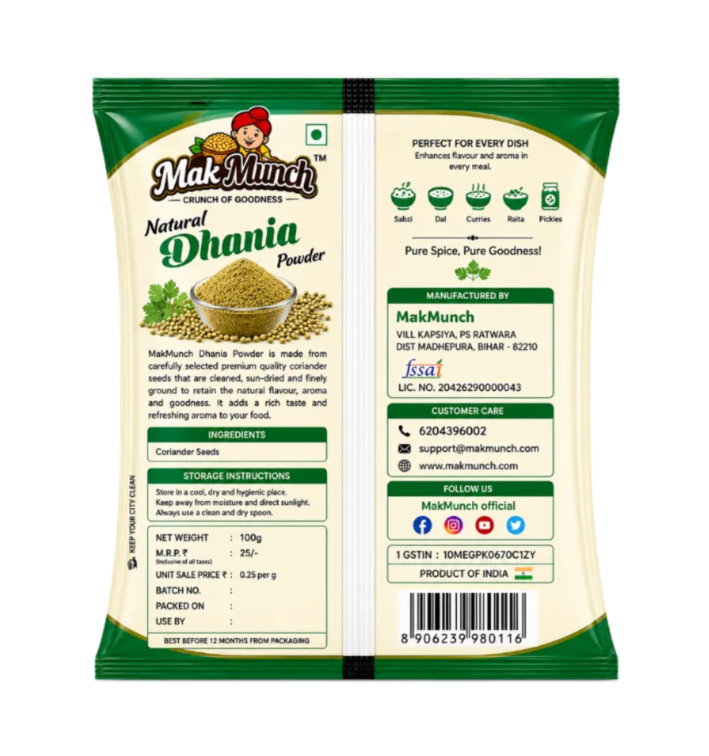 Back of a package of MakMunch Natural Dhania Powder, showing product details, ingredients, storage instructions, manufacturer contact info, and a barcode on a white background.