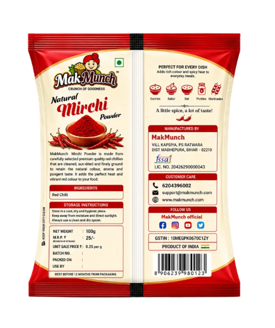 The back and front of a package of MakMunch Natural Mirchi Powder (Red Chili Powder) are shown side-by-side against a white background, displaying product details, ingredients, instructions, and contact information.