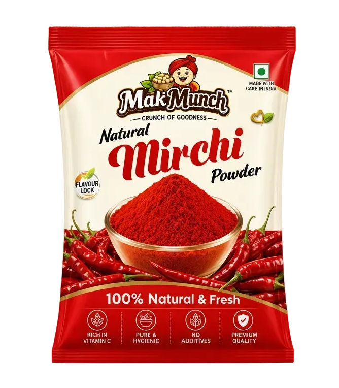 MakMunch Premium Lal Mirchi Powder 100g pouch with vibrant red color and natural fresh spices