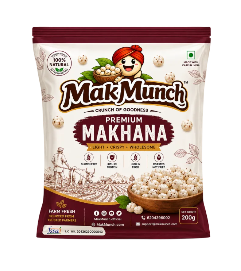 MakMunch Premium Roasted Makhana 200g pack with healthy, high protein, gluten-free roasted fox nuts snack